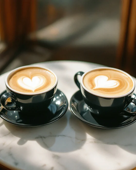 Two coffees side by side on a marble table