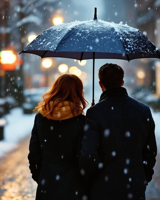 Two people under one umbrella in falling snow