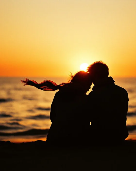 Two people watching the sun go down over the water