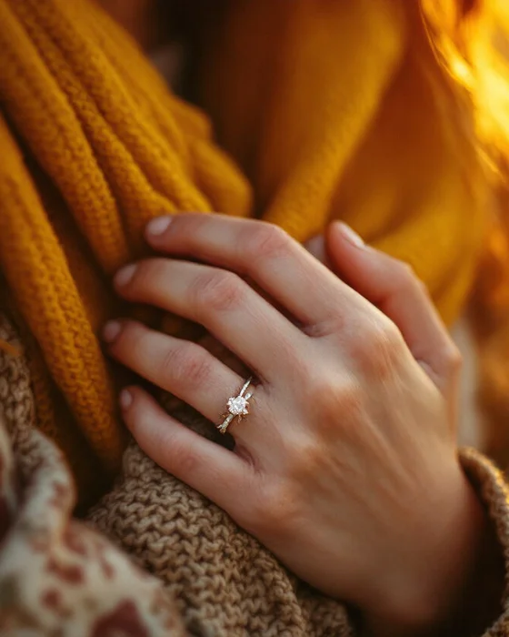 A hand resting on a scarf, wearing a new ring
