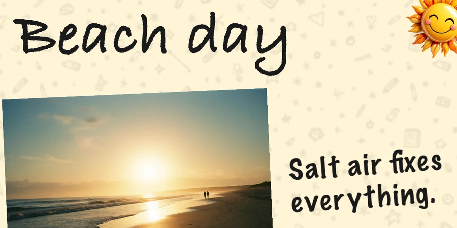 A canvas page with a handwritten title, a note in marker and a photograph of a beach at sunset