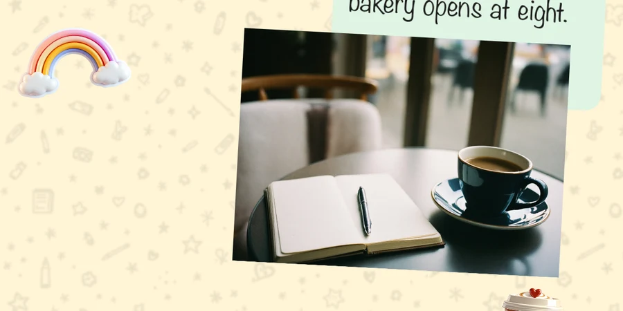 A canvas page with a rainbow sticker, a photograph of coffee and a note on mint coloured paper