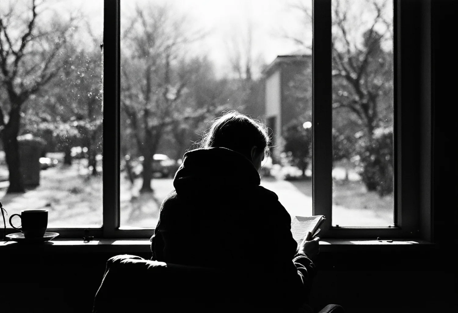 A person writing in a notebook at a window in low winter sun
