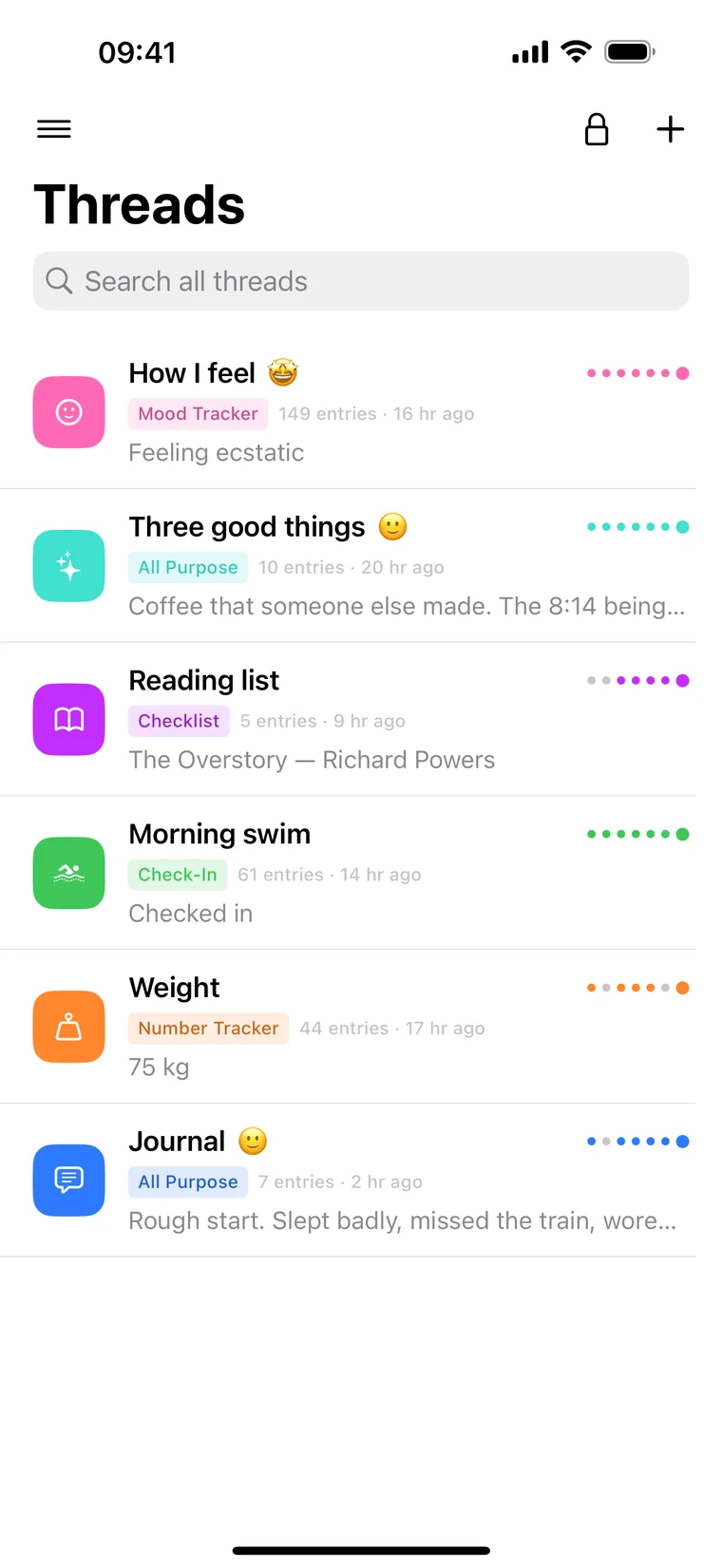 The DoThread thread list, showing a mood tracker, a checklist, a check-in, a number tracker and two journals
